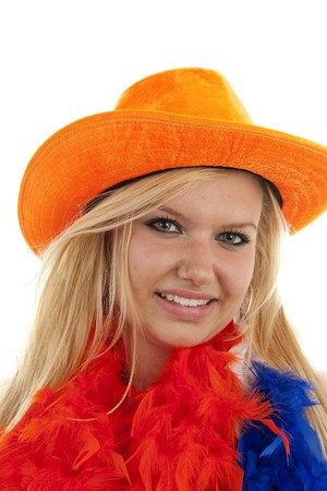 Portrait of Dutch soccer fan in orange outfit posing over white backgroundの写真素材