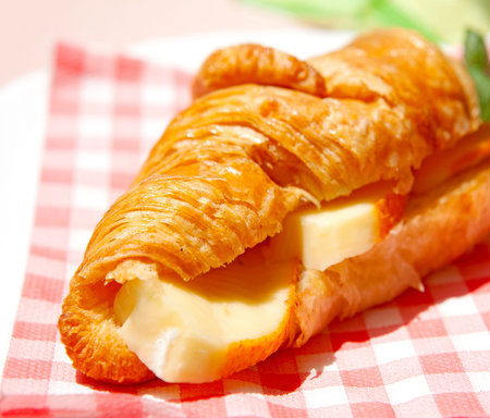 croissant sandwich with brie cheese on checkered napkin in sunshineの写真素材