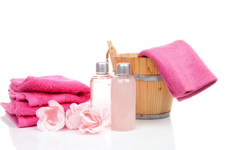 pink bath accessory for sauna or spa over white backgroundの写真素材