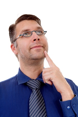 portrait of male nerdy geek thinking over white backgroundの写真素材