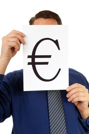 Businessman is holding board with euro sign over white backgroundの写真素材