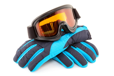 ski goggles and gloves isolated on white backgroundの写真素材