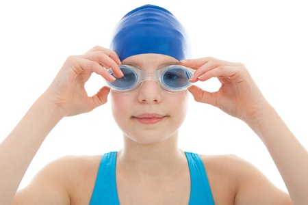 young Girl in blue swimwear over white backgroundの写真素材