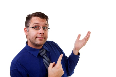 male nerdy geek is showing over white backgroundの写真素材