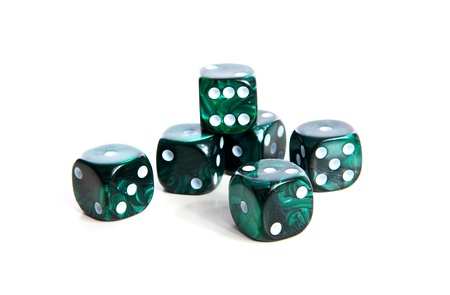 couple of green dices isolated on white backgroundの写真素材
