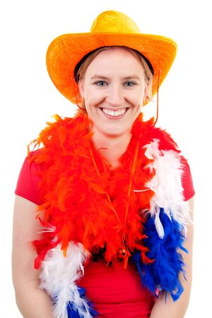 Female Dutch soccer fan over white backgroundの写真素材