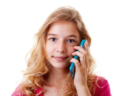 Girl is calling on mobile phone over white backgroundの写真素材