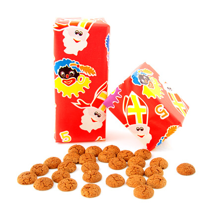 Ginger nuts and gifts for Dutch event in december over white backgroundの写真素材