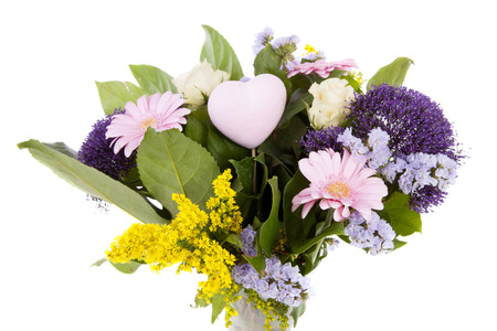 Bouquet of purple and pink flowers over white backgroundの写真素材