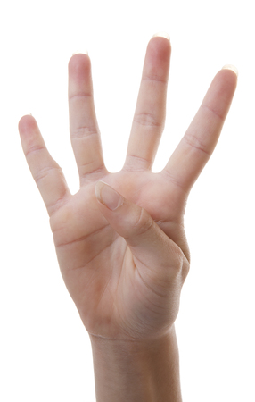 Hand is counting number 4 over white backgroundの写真素材