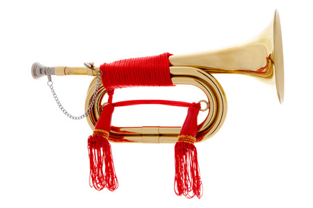 Golden horn with red rope over white backgroundの写真素材