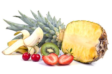 Variation of fresh healthy fruit over white backgroundの写真素材