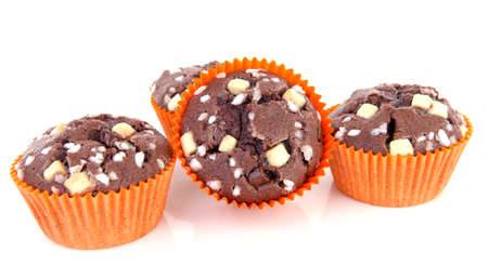 Delicious brownie cupcake over white backgroundの写真素材
