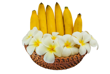 Ripe bananas on a bamboo trayの写真素材