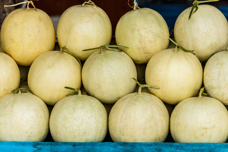 Fresh organic cantaloupe melons stacked on table for sale at local farmers marketの写真素材