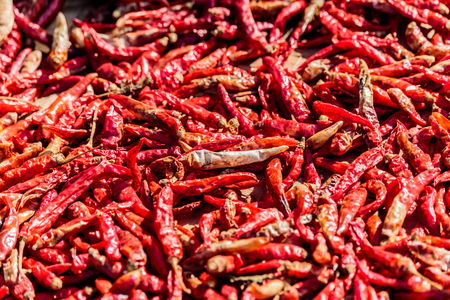 Dried chilli pepper spice market in thailandの写真素材