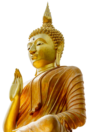Big Golden Buddha statue in Thailand temple in white backgroundの写真素材