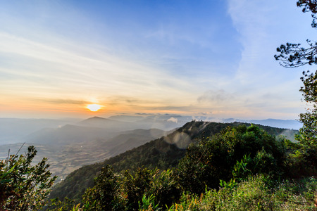 sunrise view of landscape at Tropical Mountain Range Phu Rua National Park Loei Thailandの写真素材