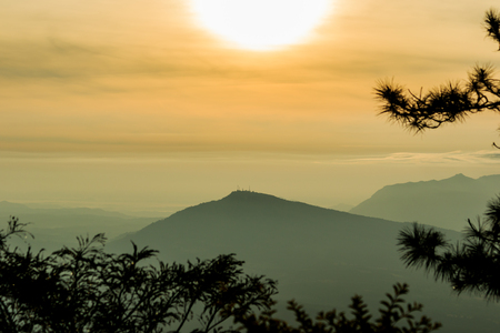 sunrise view of landscape at Tropical Mountain Range Phu Rua National Park Loei Thailandの写真素材
