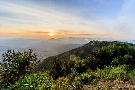Sunrise view of landscape at Tropical Mountain Range Phu Rua National Park Loei Thailandの写真素材