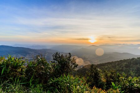 Sunrise view of landscape at Tropical Mountain Range Phu Rua National Park Loei Thailandの写真素材