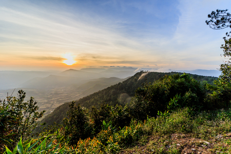 sunrise view of landscape at Tropical Mountain Range Phu Rua National Park Loei Thailandの写真素材