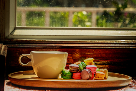 French macaroon cake in wood cup.の写真素材
