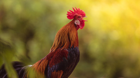rooster with beautiful feathers in the morning sunの写真素材