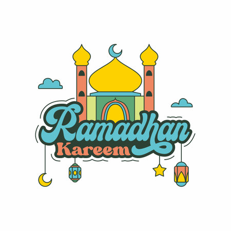 Ramadan Kareem greeting card with mosque and lanterns. Vector illustration.のイラスト素材
