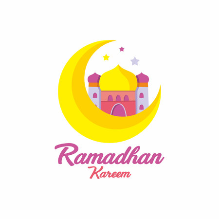 Ramadan Kareem greeting card with mosque and crescent moon. Vector illustrationのイラスト素材