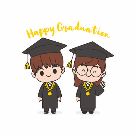 cute chibi character celebrating graduationのイラスト素材