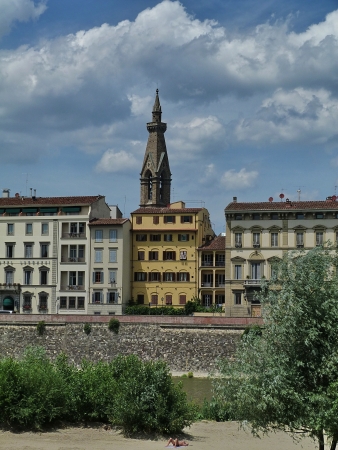 View of the bell tower of Badia Fiorentina from San Niccolò tower, Florence, Italyの写真素材