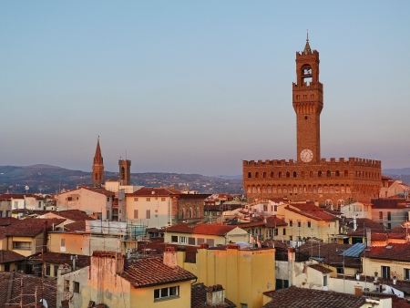 Palazzo Vecchio at sunset, Florence, Italyの写真素材