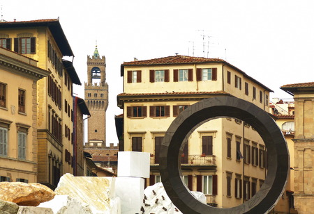 Tower of Palazzo Vecchio view from Santa Croce square, Florence, Italy のeditorial素材