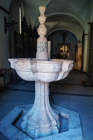 Font of the cathedral of St. Anthony martyr, Piombino, Tuscany, Italy