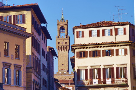 Tower of Palazzo Vecchio view from Santa Croce square, Florence, Italyのeditorial素材