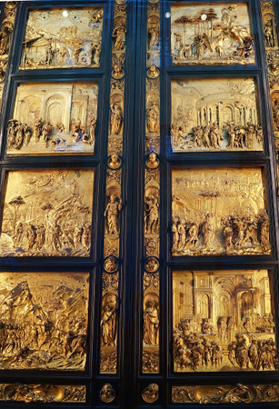 The original door of paradise in the Opera del Duomo museum Florence Italyのeditorial素材