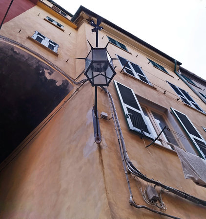 Typical house in a street of Portovenere, Cinque Terre, Liguria, Italyの写真素材