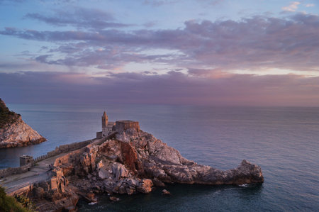 San Pietro church at sunset, Portovenere, Liguria, Italyの写真素材