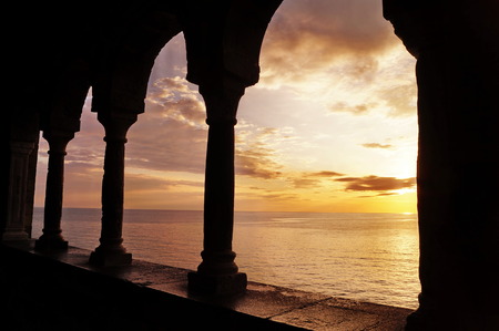 View of the bay of Portovenereat sunset, Liguria, Italyの写真素材