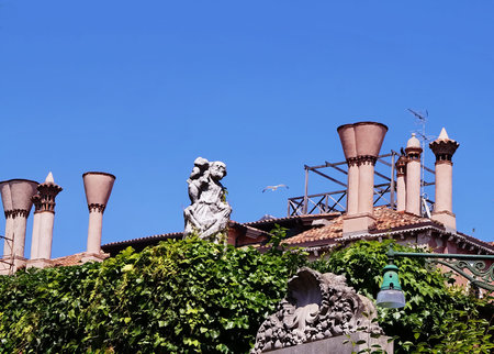 Chimneys and sculptures on the roofs of Venice, Italyの写真素材