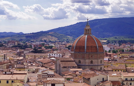 Aerial view of Pistoia with the dome of the Basilica of Santa Maria humility, Pistoia, Tuscany, Italyの写真素材