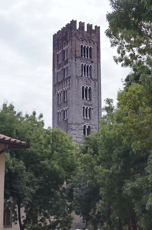 Bell tower of the Basilica San Frediano, Lucca, Tuscany, Italyの写真素材