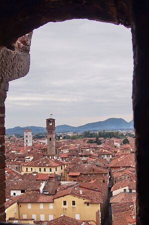 Aerial view from the Guinigi Tower of Lucca, Tuscany, Italyの写真素材