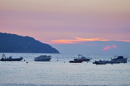 Sunset in the Bay of Procchio, Elba island, Tuscany, Italyの写真素材