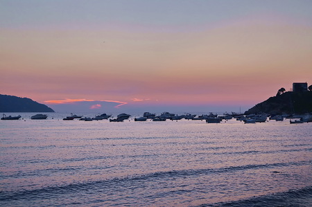 Sunset in the Bay of Procchio, Elba island, Tuscany, Italyの写真素材