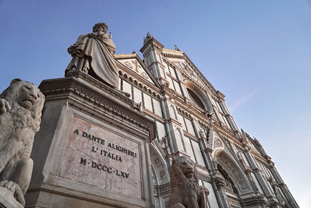 Statue of Dante Alighieri, in Santa Croce square, Florence, Italyの写真素材
