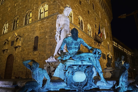 Fountain of Neptune at night in Florence, Italyのeditorial素材