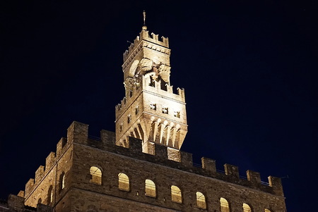 Palazzo Vecchio at night, Florence, Italyのeditorial素材
