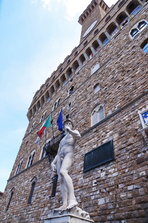 Copy of David of Michelangelo in front of Palazzo Vecchio, Florence, Italyのeditorial素材